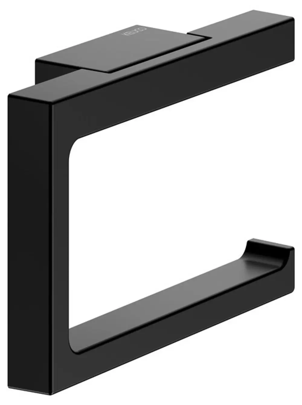 Schwarzer Toilettenpapierhalter in offener Form, hergestellt von Keuco. Er besteht aus Metall und hat eine matte Oberfläche.